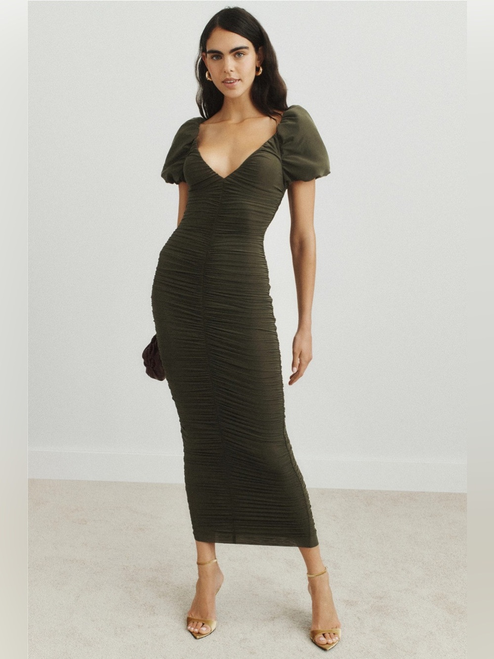 Ronny Kobo Size M Lupine Midi Dress Green Rouched